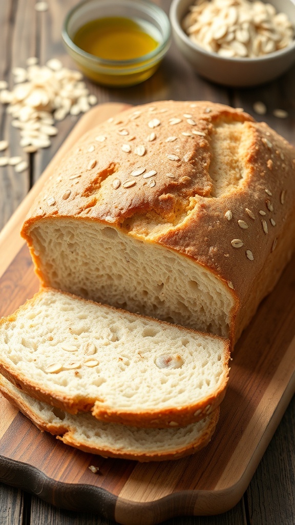 Freshly baked gluten-free oat bread loaf sliced on a wooden board.
